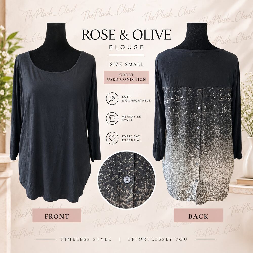 Rose & Olive Black White Hi-Low Blouse Size Small Long Sleeve Ombre Top